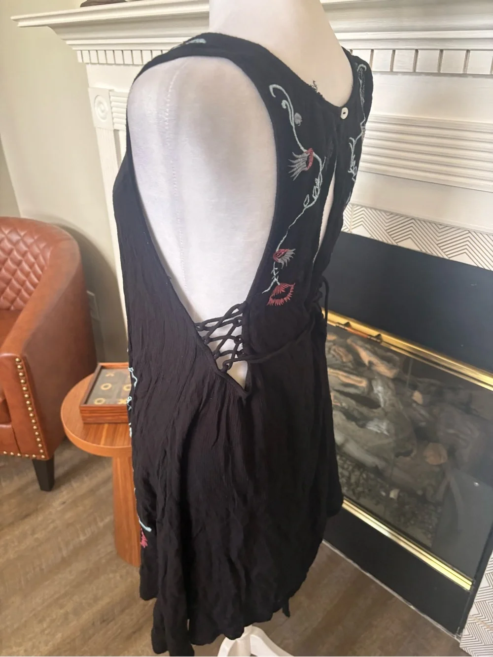 Free People Black Mini Dress with Red & Light Blue Embroidery